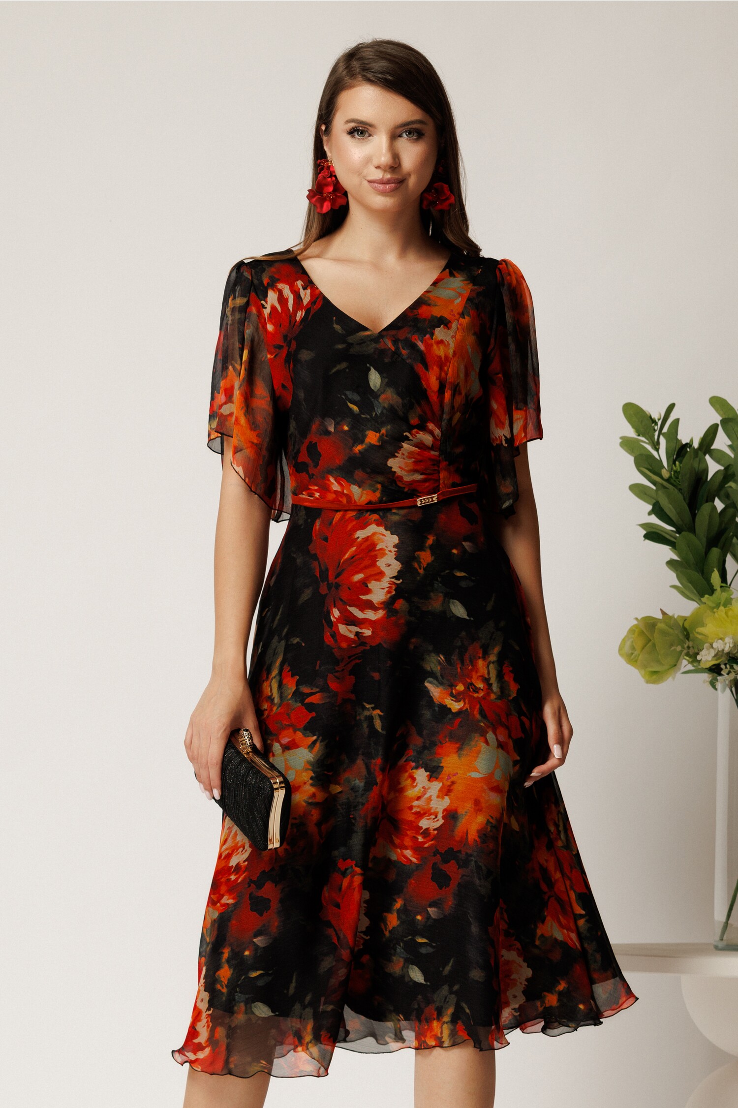 Rochie midi neagră din voal cu imprimeuri maro Rochie midi neagră din voal cu imprimeuri maro