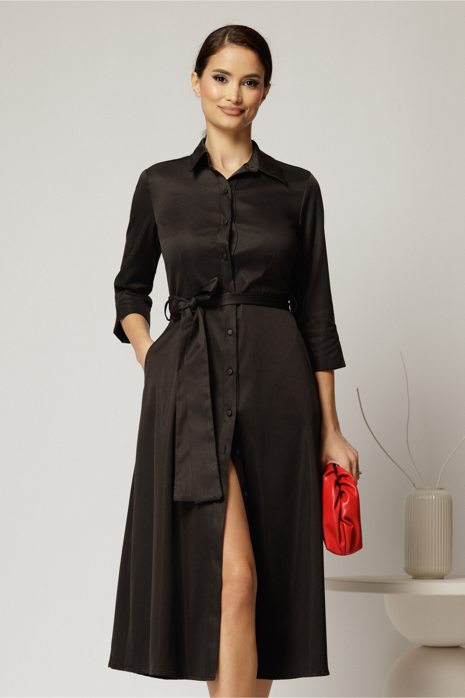 Rochie midi tip cămașă neagră din bumbac cu cordon Rochie midi tip cămașă neagră din bumbac cu cordon