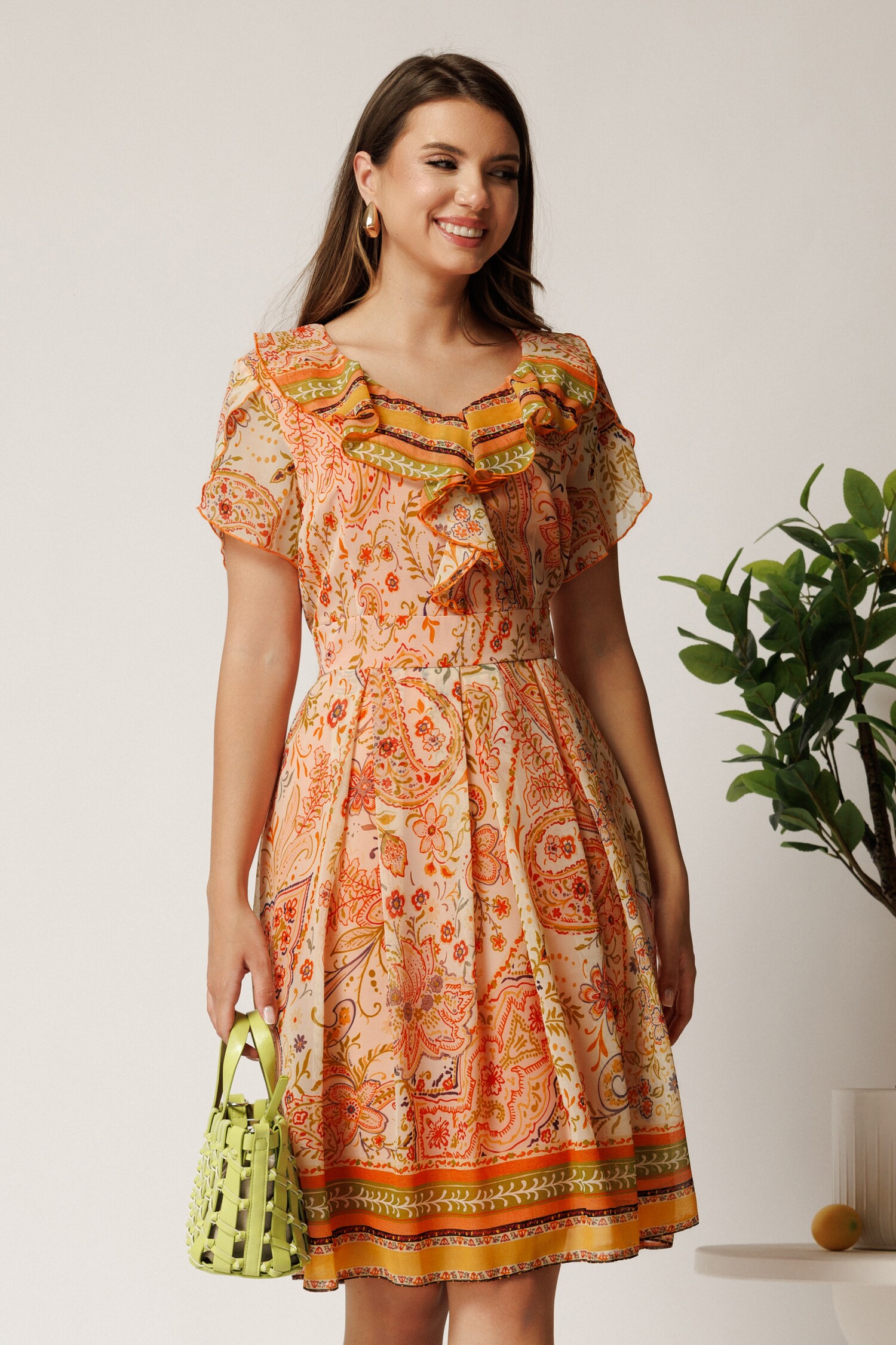 Rochie midi din voal portocalie cu imprimeuri Rochie midi din voal portocalie cu imprimeuri