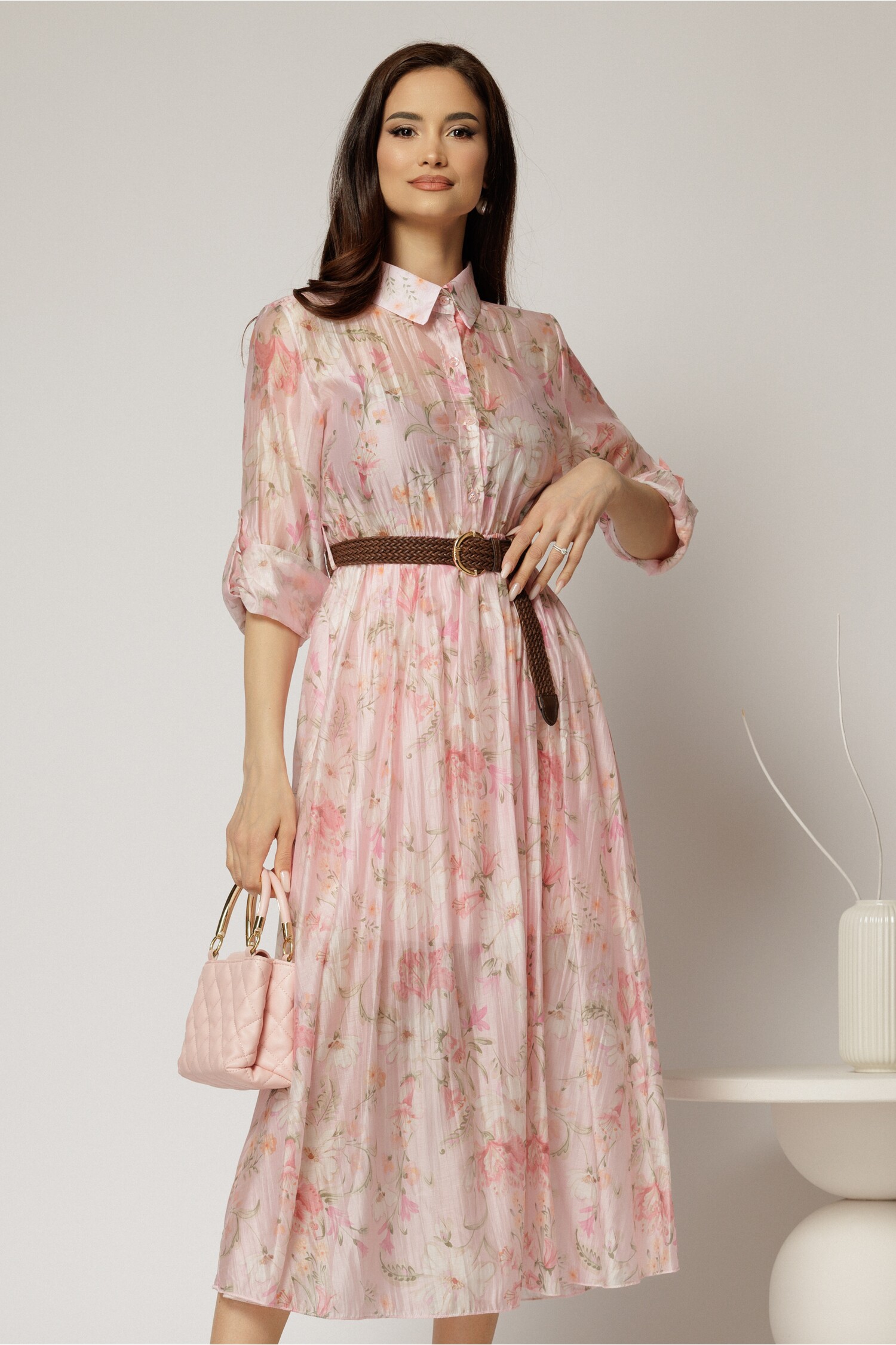 Rochie midi roz cu imprimeuri din tencel Rochie midi roz cu imprimeuri din tencel