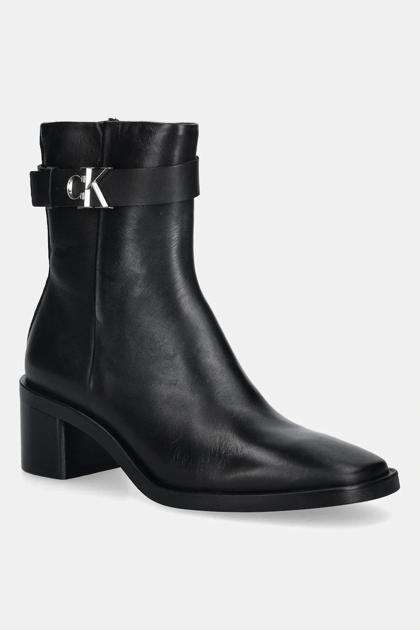 Cizme de piele calvin klein cu toc BLOCK HEEL și LOGO metalic Cizme de piele calvin klein cu toc BLOCK HEEL și LOGO metalic
