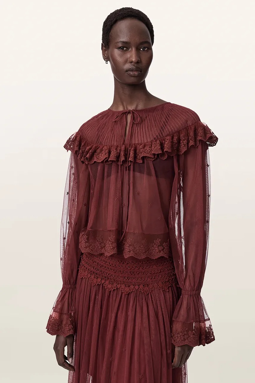 Bluză cu volane pentru femei din dantelă UNRULY SUSIE LS TEE – AllSaints Bluză cu volane pentru femei din dantelă UNRULY SUSIE LS TEE – AllSaints