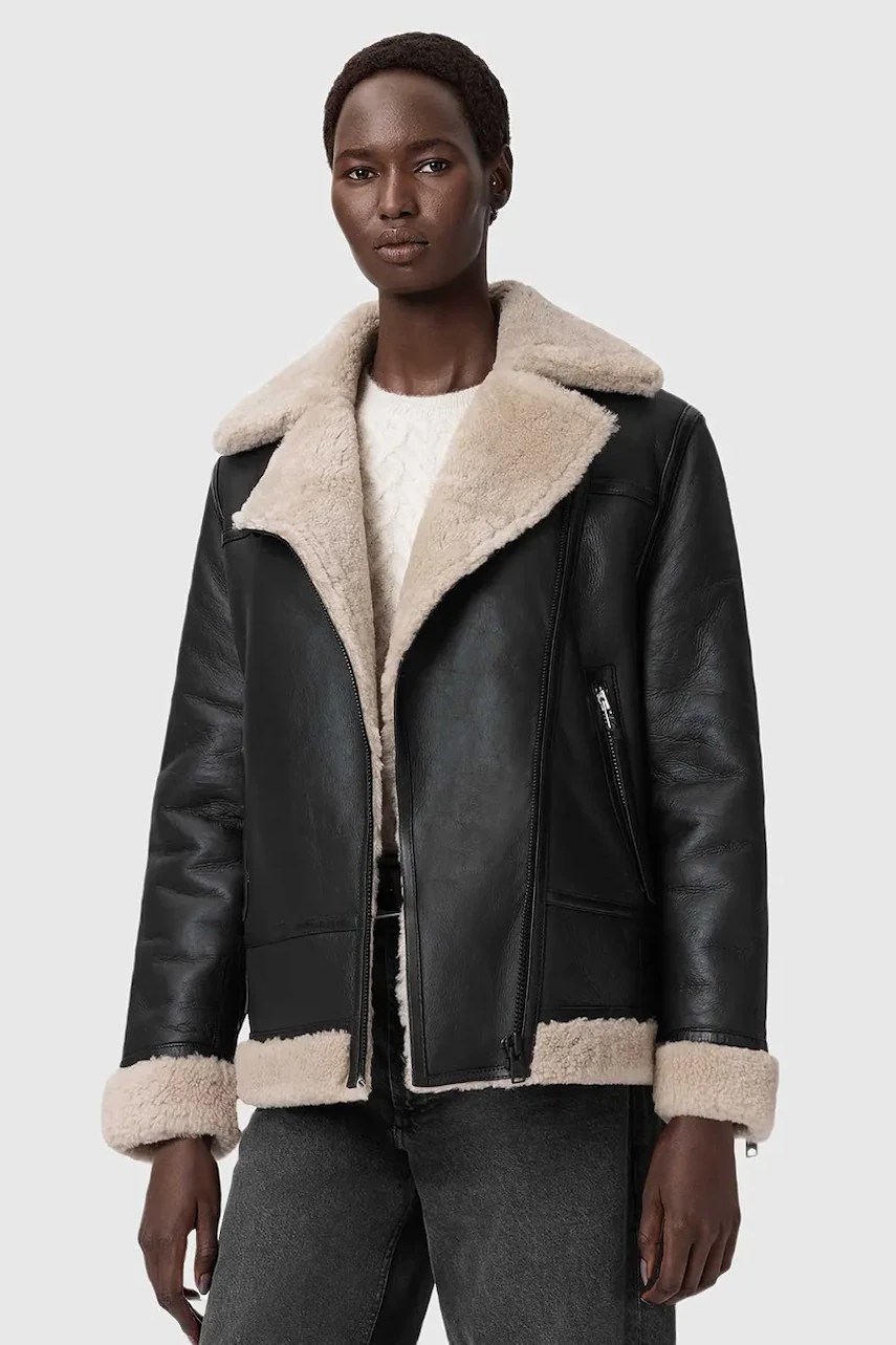 Geacă din piele oversize AllSaints SOLA Geacă din piele oversize AllSaints SOLA