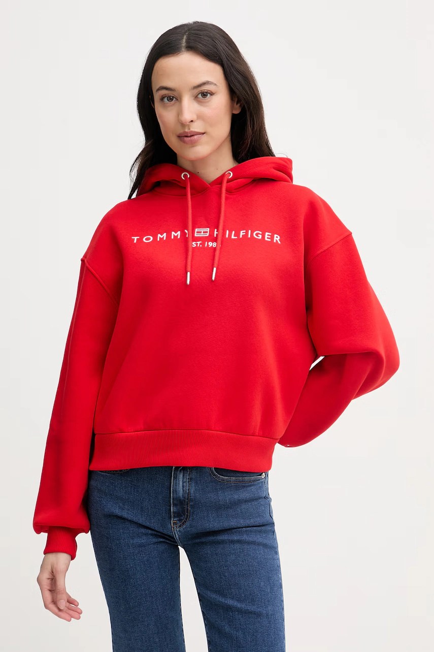 Tommy Hilfiger hanorac cu glugă feminin cu bumbac Tommy Hilfiger hanorac cu glugă feminin cu bumbac