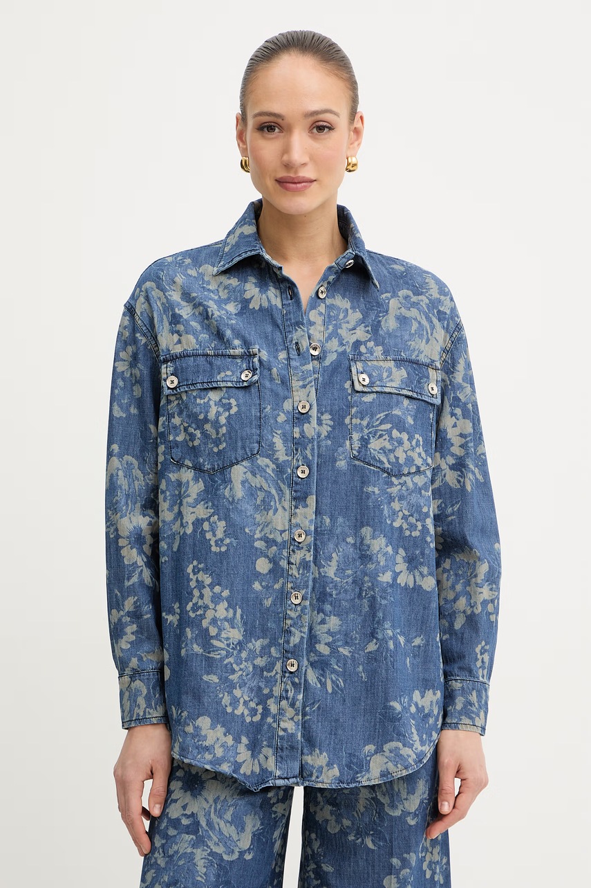 Cămașă oversize pentru femei, fracomina, din denim de bumbac Cămașă oversize pentru femei, fracomina, din denim de bumbac