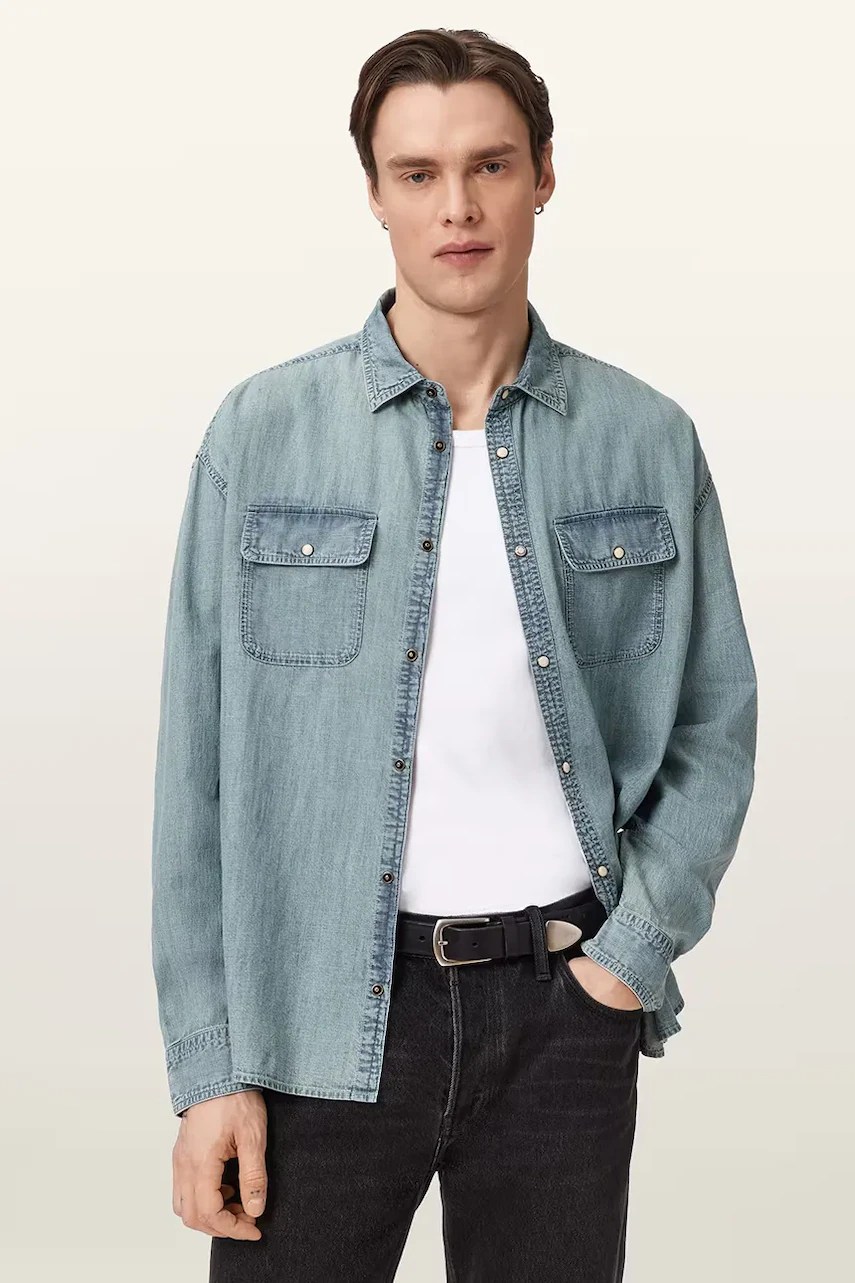 Cămașă bărbătească din denim GRIBBS de la AllSaints Cămașă bărbătească din denim GRIBBS de la AllSaints