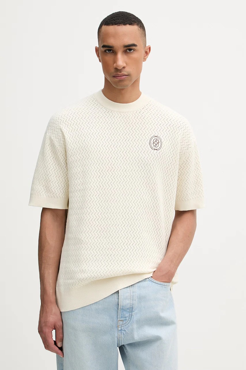 Tricou tricotat drôle de monsieur pentru bărbați, din bumbac maille ajourée d Miroir Tricou tricotat drôle de monsieur pentru bărbați, din bumbac maille ajourée d Miroir