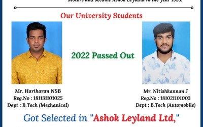 Placement of 2022 passed out 2 students in Ashok Leyland Ltd. Placement of 2022 passed out 2 students in Ashok Leyland Ltd.