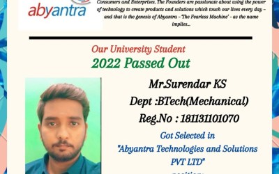 Placement of 2022 passed out B.Tech student in Abyantra Technologies And Solutions. Placement of 2022 passed out B.Tech student in Abyantra Technologies And Solutions.