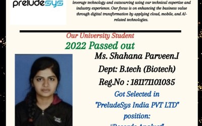 Placement of 2022 passed out B.Tech student in Preludesys India Pvt. Ltd. Placement of 2022 passed out B.Tech student in Preludesys India Pvt. Ltd.