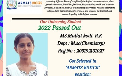 Placement of 2022 passed out student got selected in Armats Biotek Placement of 2022 passed out student got selected in Armats Biotek