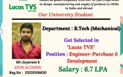 Placement of B. Tech Mechanical Student At Lucas TVS Placement of B. Tech Mechanical Student At Lucas TVS