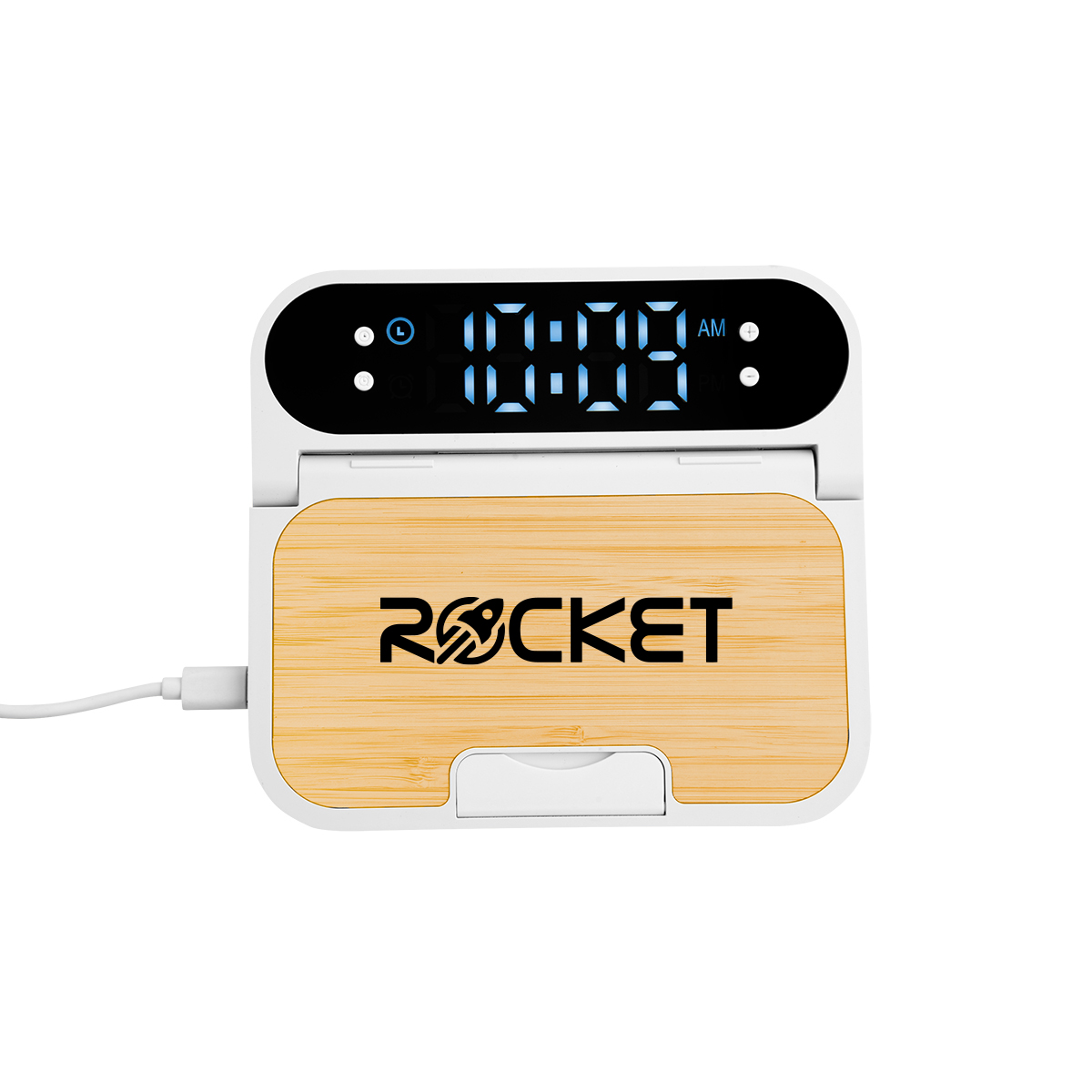 15w Bamboo Folding Charger With Digital Clock 1