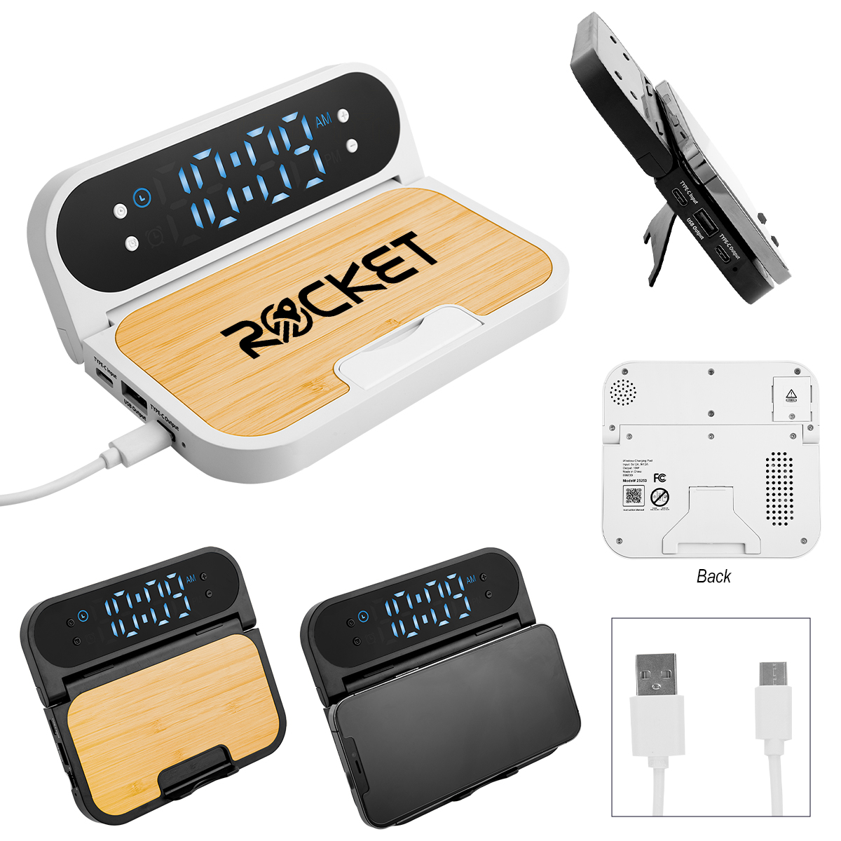 15w Bamboo Folding Charger With Digital Clock 1