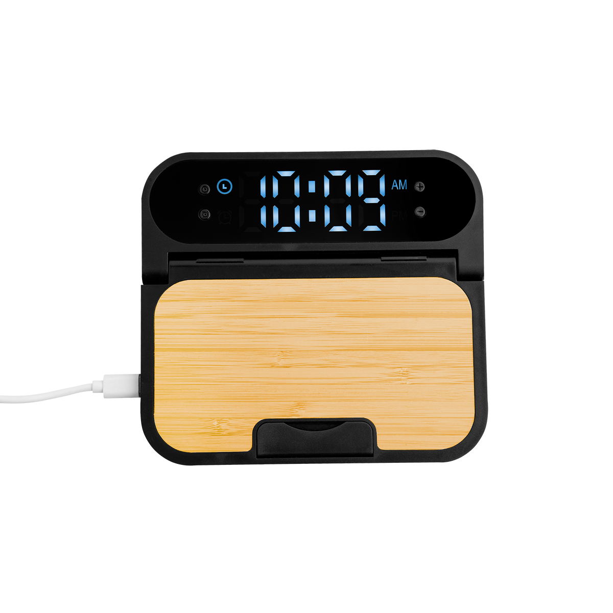 15w Bamboo Folding Charger With Digital Clock 1