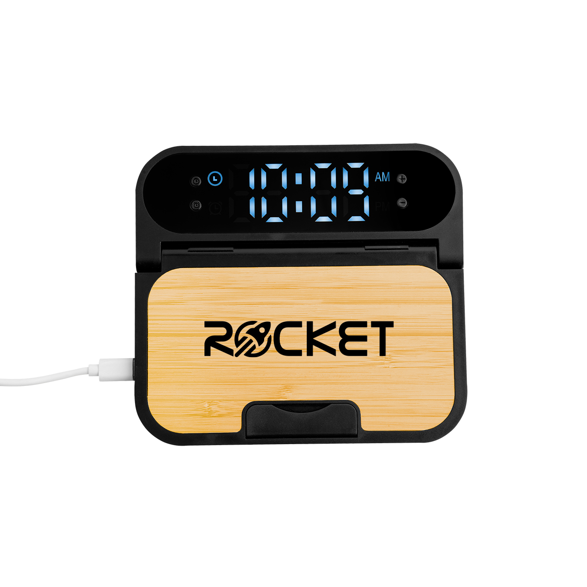 15w Bamboo Folding Charger With Digital Clock 1
