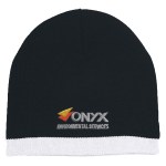 Knit Beanie With Stripe - 1076 BLKWHT Embroidery Knit Beanie With Stripe - 1076 BLKWHT Embroidery