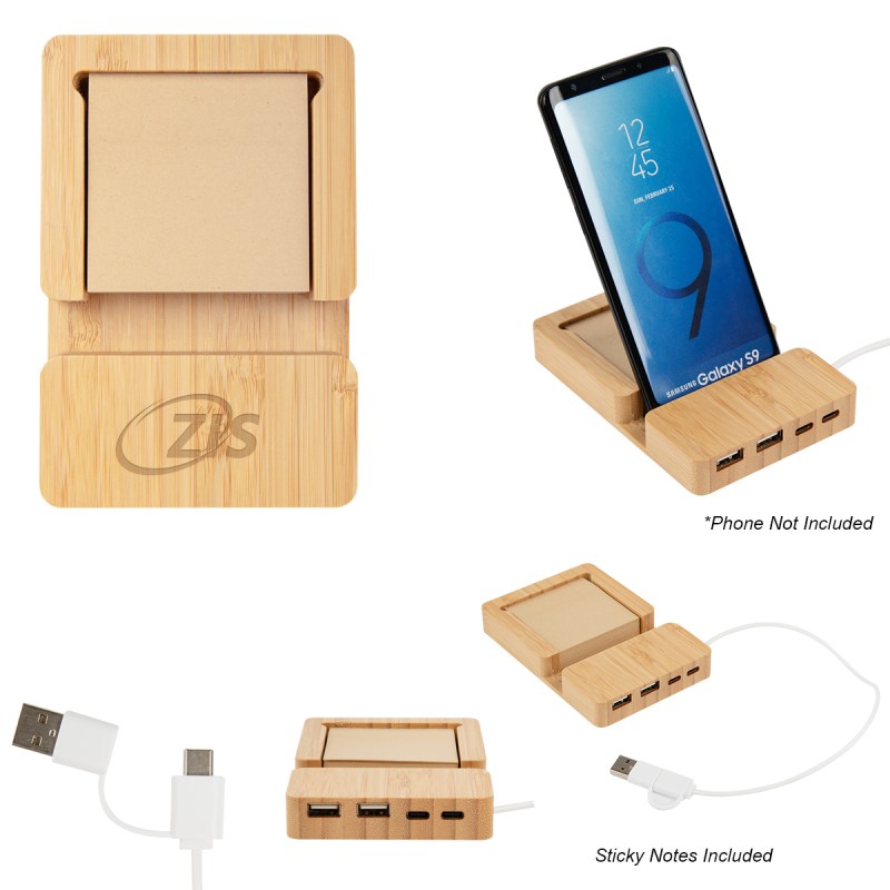 Bamboo Multi-port Hub With Phone Holder & Sticky Notes 1 Bamboo Multi-port Hub With Phone Holder & Sticky Notes 1