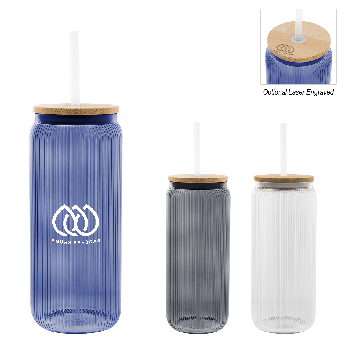 20 Oz. Ribbed Borosilicate Glass Can With Bamboo Lid 1