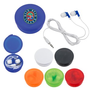 Earbuds In Round Plastic Case 1 Earbuds In Round Plastic Case 1