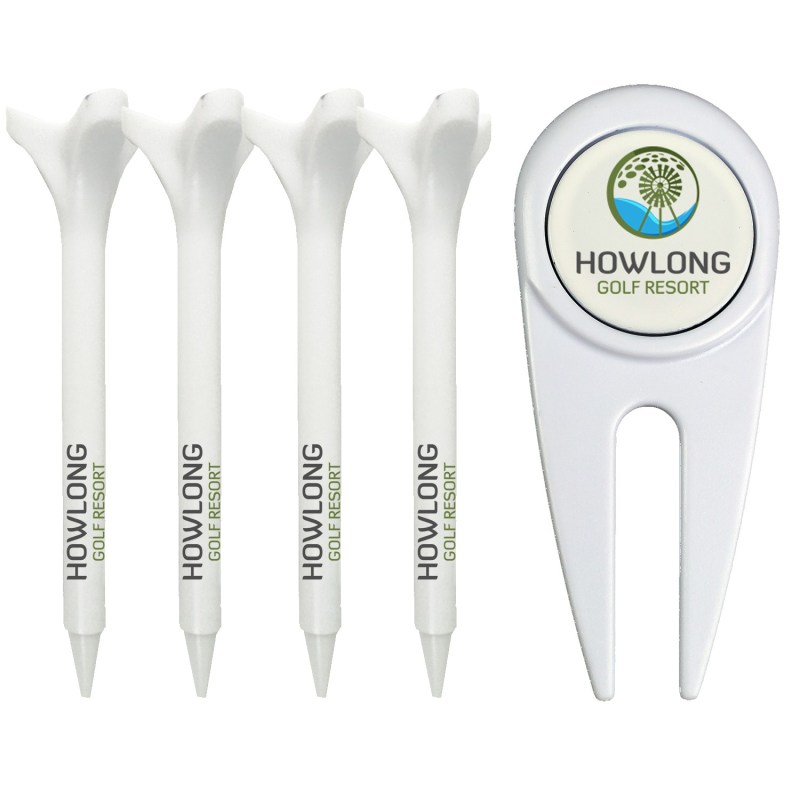 Divot Tool with removable magnetic ball marker and (4) 2-3/4" reusable plastic golf tees 1 Divot Tool with removable magnetic ball marker and (4) 2-3/4" reusable plastic golf tees 1