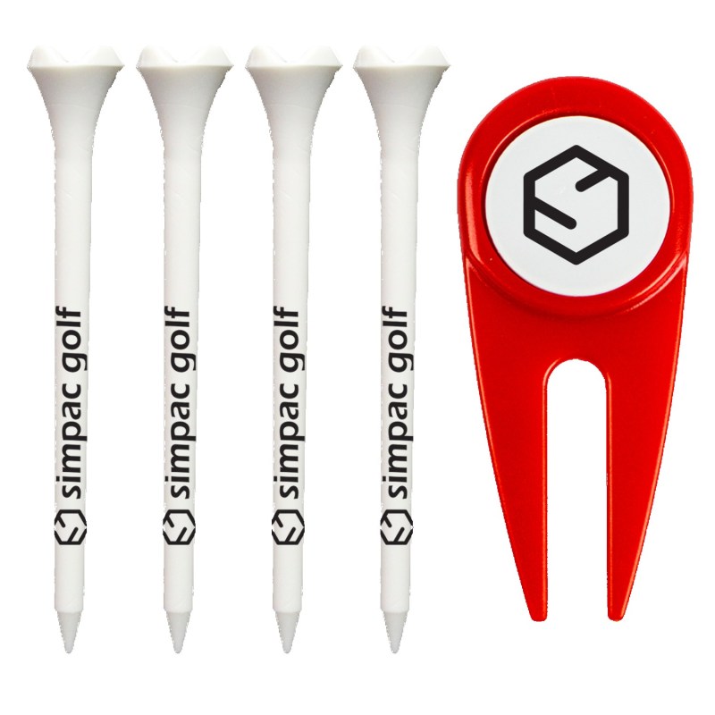 Divot Tool with removable magnetic ball marker and (4) 3-1/4" reusable plastic golf tees 1 Divot Tool with removable magnetic ball marker and (4) 3-1/4" reusable plastic golf tees 1