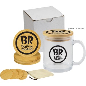 Glass Mug & Bamboo Coaster Gift Set in White Box 1 Glass Mug & Bamboo Coaster Gift Set in White Box 1