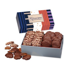 Toffee & Pecan Clusters in Gift Box with Stripes & Splatter Sleeve 1 Toffee & Pecan Clusters in Gift Box with Stripes & Splatter Sleeve 1