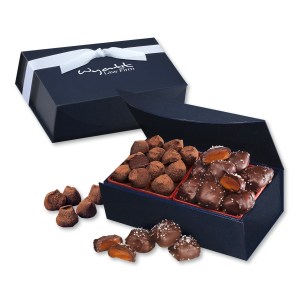 Chocolate Sea Salt Caramels & Cocoa Dusted Truffles in Navy Magnetic Closure Box 1 Chocolate Sea Salt Caramels & Cocoa Dusted Truffles in Navy Magnetic Closure Box 1