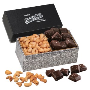 Black & Silver Gift Box w/Cashews & Chocolate Sea Salt Caramels 1 Black & Silver Gift Box w/Cashews & Chocolate Sea Salt Caramels 1