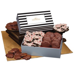 Peppermint Bark & Pecan Clusters in Gift Box with Stripes Sleeve 1 Peppermint Bark & Pecan Clusters in Gift Box with Stripes Sleeve 1