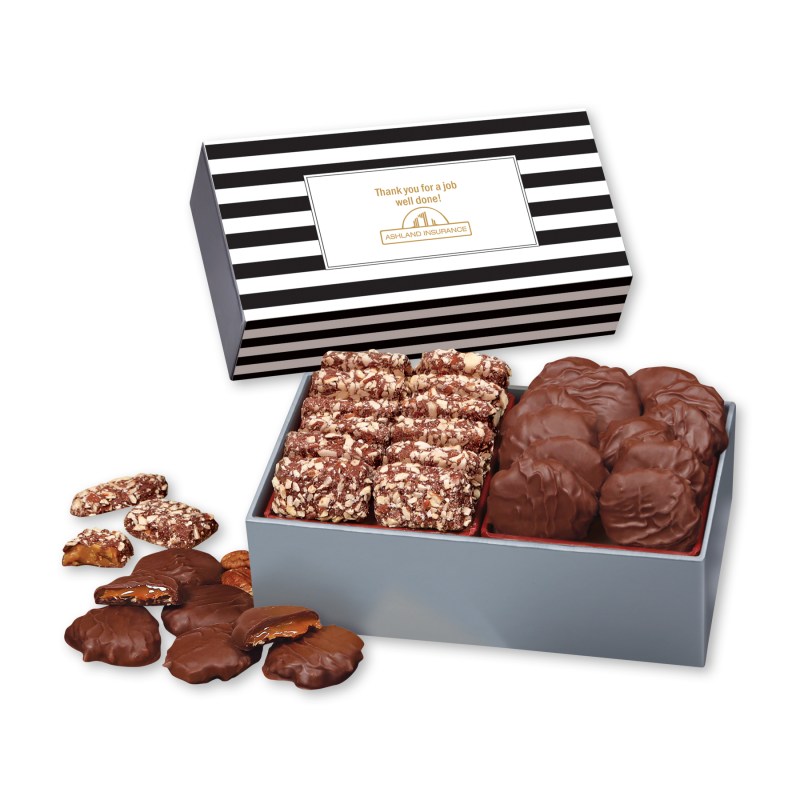Toffee & Pecan Clusters in Gift Box with Stripes Sleeve 1 Toffee & Pecan Clusters in Gift Box with Stripes Sleeve 1