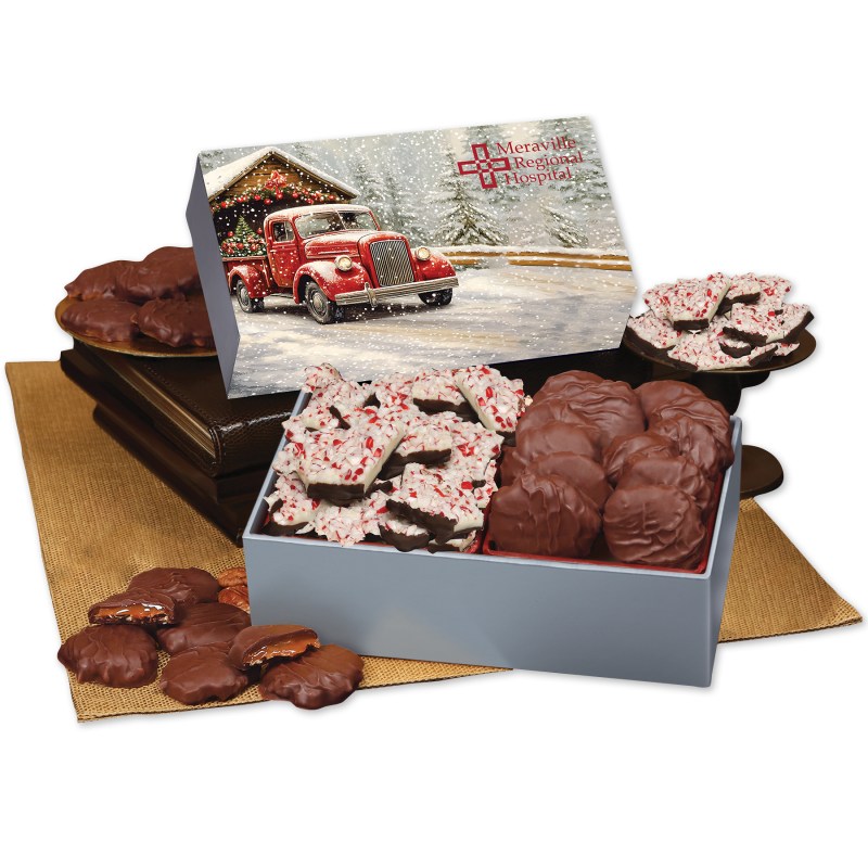 Peppermint Bark & Pecan Clusters in Gift Box with Red Truck on Bridge Sleeve 1 Peppermint Bark & Pecan Clusters in Gift Box with Red Truck on Bridge Sleeve 1