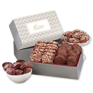 Silver & Gold Geometric Sleeve Gift Box w/Toffee & Pecan Clusters 1 Silver & Gold Geometric Sleeve Gift Box w/Toffee & Pecan Clusters 1