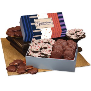 Peppermint Bark & Pecan Clusters in Gift Box with Stripes & Splatter Sleeve 1 Peppermint Bark & Pecan Clusters in Gift Box with Stripes & Splatter Sleeve 1
