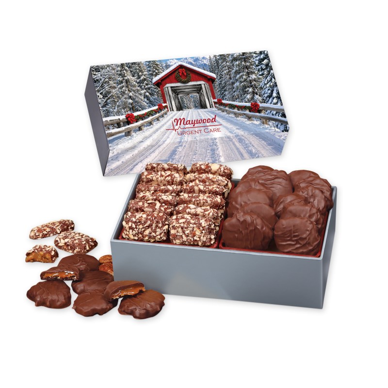 Toffee & Pecan Clusters in Gift Box with Snow-covered Bridge Sleeve 1 Toffee & Pecan Clusters in Gift Box with Snow-covered Bridge Sleeve 1