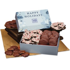 Peppermint Bark & Pecan Clusters in Gift Box with Happy Holidays Sleeve 1 Peppermint Bark & Pecan Clusters in Gift Box with Happy Holidays Sleeve 1