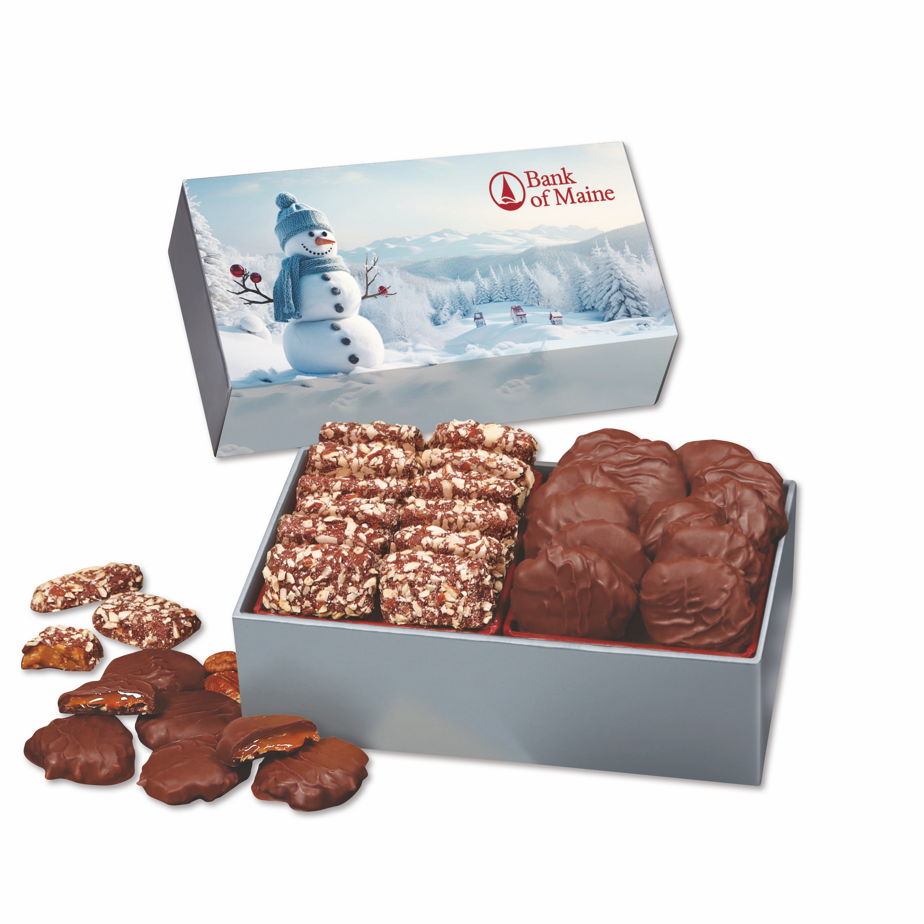 Toffee & Pecan Clusters in Gift Box with Blue Snowman Sleeve 1 Toffee & Pecan Clusters in Gift Box with Blue Snowman Sleeve 1