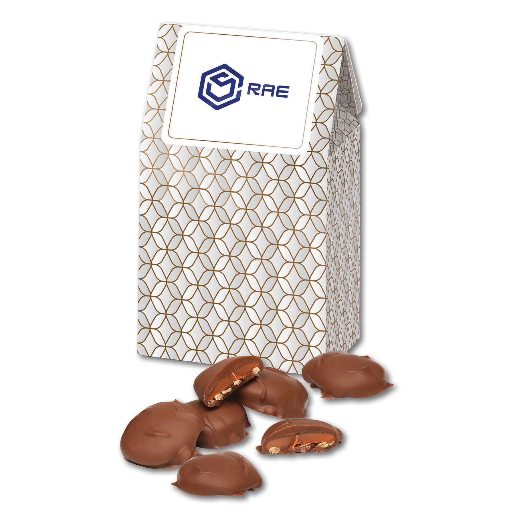 Silver & Gold Geometric Gable Top Gift Box w/Caramel Pecan Clusters 1 Silver & Gold Geometric Gable Top Gift Box w/Caramel Pecan Clusters 1