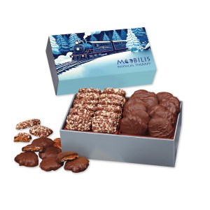 Toffee & Pecan Clusters in Gift Box with Holiday Train Sleeve 1 Toffee & Pecan Clusters in Gift Box with Holiday Train Sleeve 1