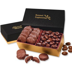Black & Gold Gift Box w/Caramel Pecan Clusters & Chocolate Almonds 1 Black & Gold Gift Box w/Caramel Pecan Clusters & Chocolate Almonds 1