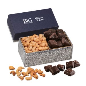 Navy & Silver Gift Box w/Cashews & Chocolate Sea Salt Caramels 1 Navy & Silver Gift Box w/Cashews & Chocolate Sea Salt Caramels 1