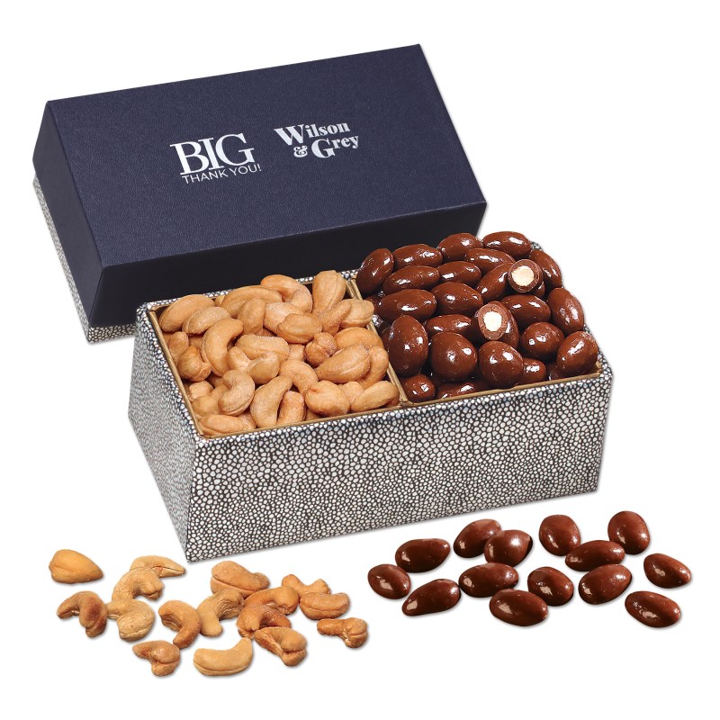 Navy & Silver Gift Box w/Chocolate Almonds & Cashews 1 Navy & Silver Gift Box w/Chocolate Almonds & Cashews 1
