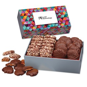 Toffee & Pecan Clusters in Gift Box with Triangles Sleeve 1 Toffee & Pecan Clusters in Gift Box with Triangles Sleeve 1