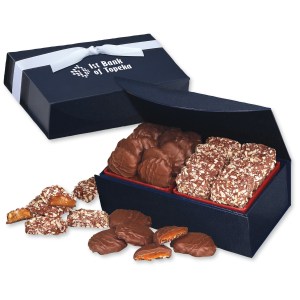 Navy Magnetic Closure Box w/English Butter Toffee & Caramel Pecan Clusters 1 Navy Magnetic Closure Box w/English Butter Toffee & Caramel Pecan Clusters 1