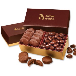 Burgundy & Gold Gift Box w/Caramel Pecan Clusters & Chocolate Almonds 1 Burgundy & Gold Gift Box w/Caramel Pecan Clusters & Chocolate Almonds 1