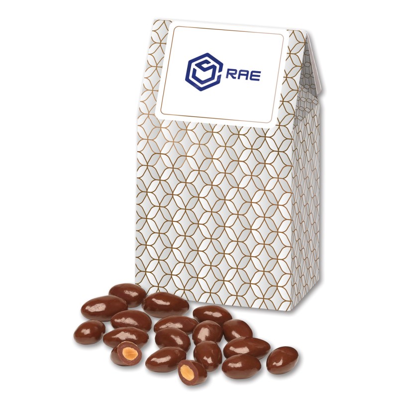 Silver & Gold Geometric Gable Top Gift Box w/Chocolate Covered Almonds 1 Silver & Gold Geometric Gable Top Gift Box w/Chocolate Covered Almonds 1