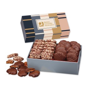 Toffee & Pecan Clusters in Gift Box with Squares & Lines Sleeve 1 Toffee & Pecan Clusters in Gift Box with Squares & Lines Sleeve 1