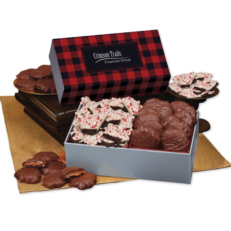 Peppermint Bark & Pecan Clusters in Gift Box with Red & Black Plaid Sleeve 1 Peppermint Bark & Pecan Clusters in Gift Box with Red & Black Plaid Sleeve 1