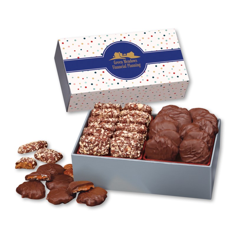 Toffee & Pecan Clusters in Gift Box with Bubbles Sleeve 1 Toffee & Pecan Clusters in Gift Box with Bubbles Sleeve 1